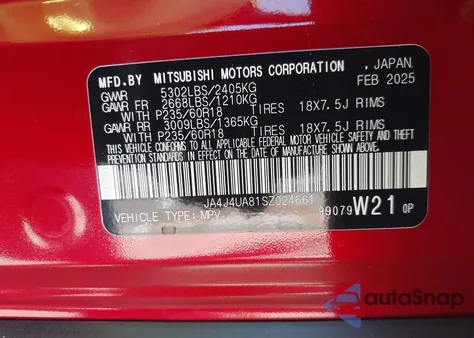 2025 Mitsubishi Outlander Es 2.5 S-Awc from USA, damaged, VIN JA4J4UA81SZ024661
